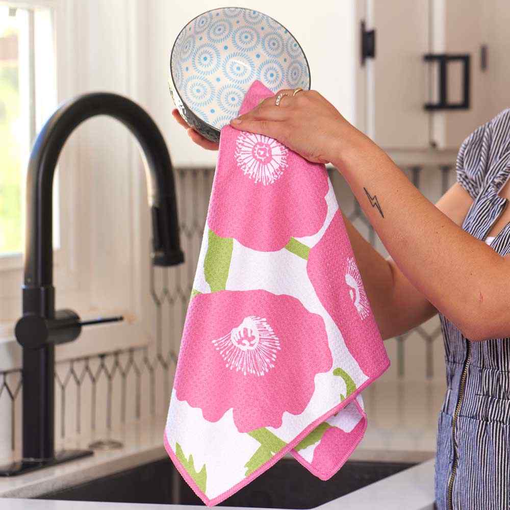 Pink Poppies blu Kitchen Tea Towel Pink