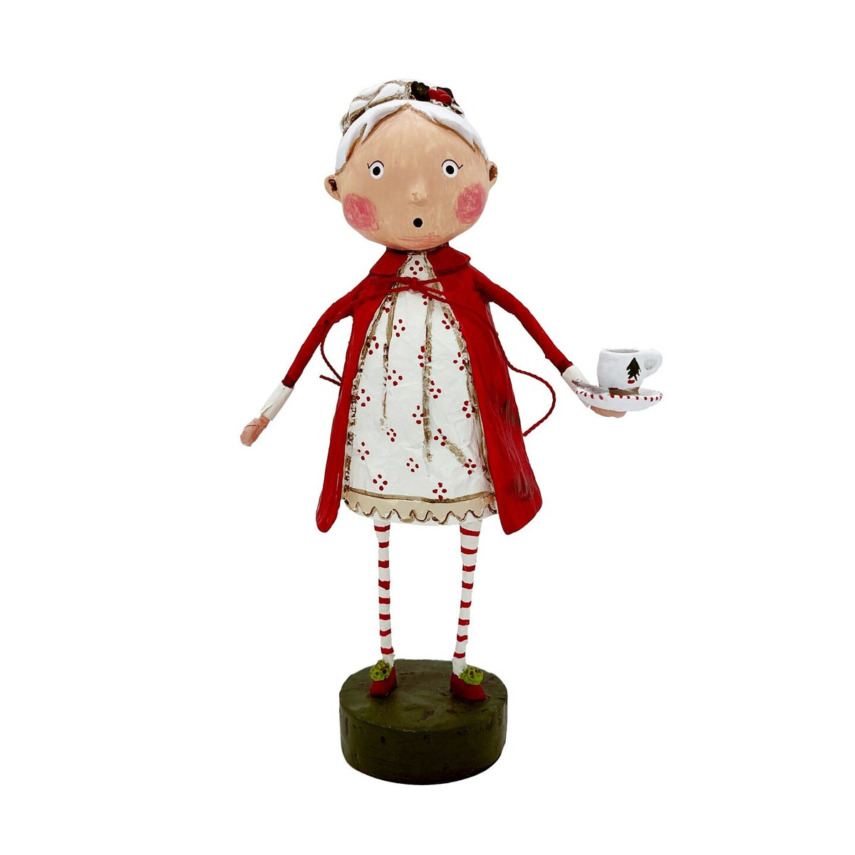 Lori Mitchell Mrs. Claus figurine in red cape holding a holiday teacup on round base