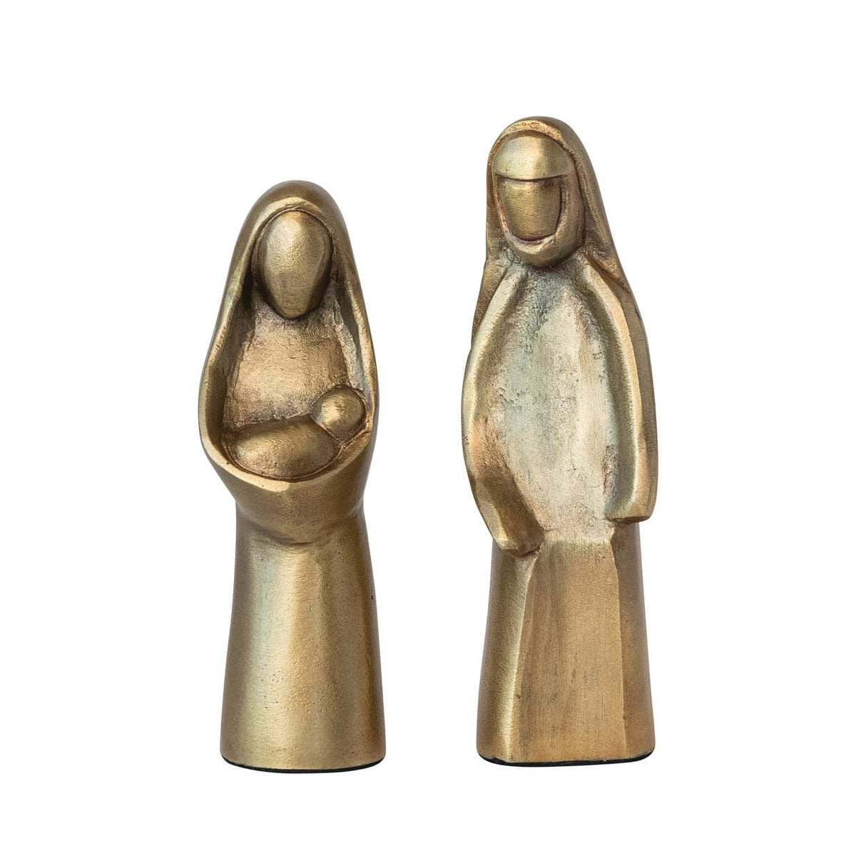 Two-piece antique gold Holy Family figurine set with abstract modern design on white background