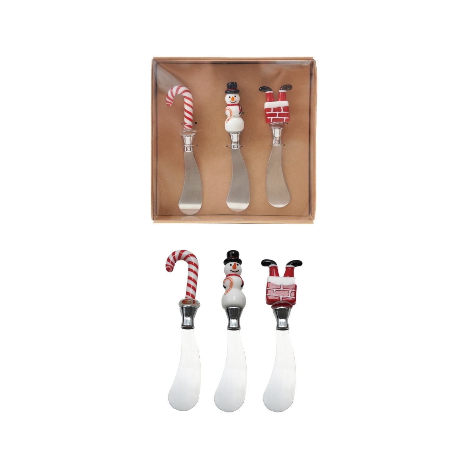 Set of three Christmas spreader knives with candy cane, snowman, and Santa chimney glass handles in gift box