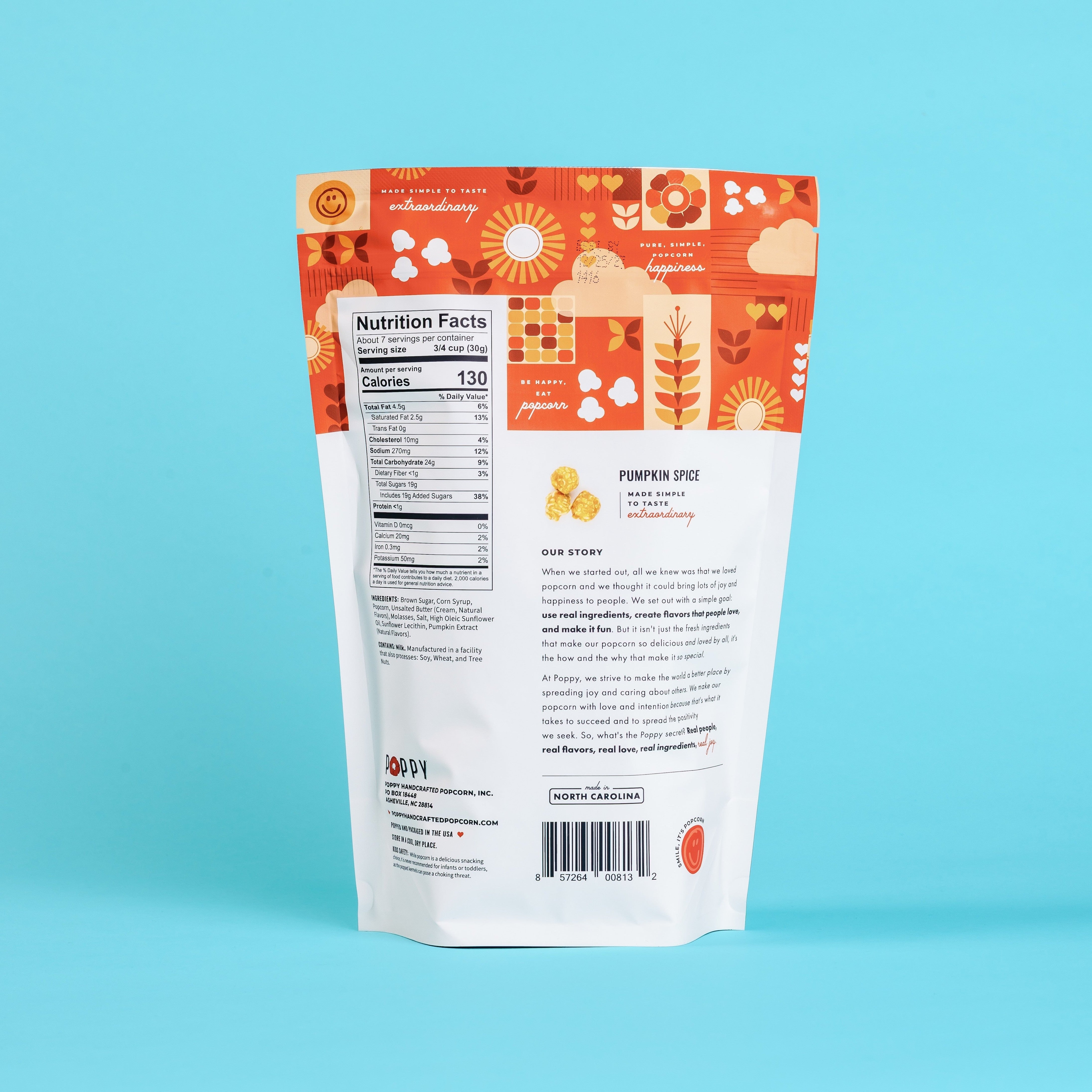 Back of Poppy Hand Crafted Pumpkin Spice Popcorn market bag showing nutrition facts and brand story