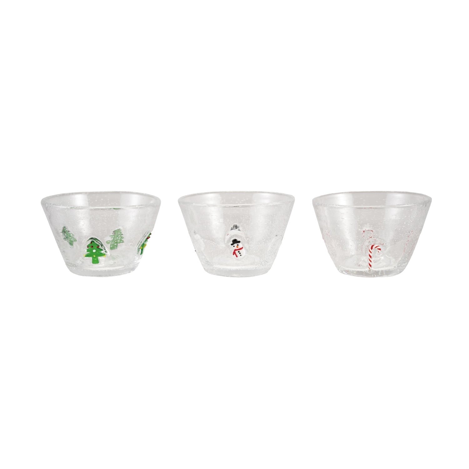 Set of three clear glass bowls with embedded holiday icons: Christmas trees, snowman, and candy cane