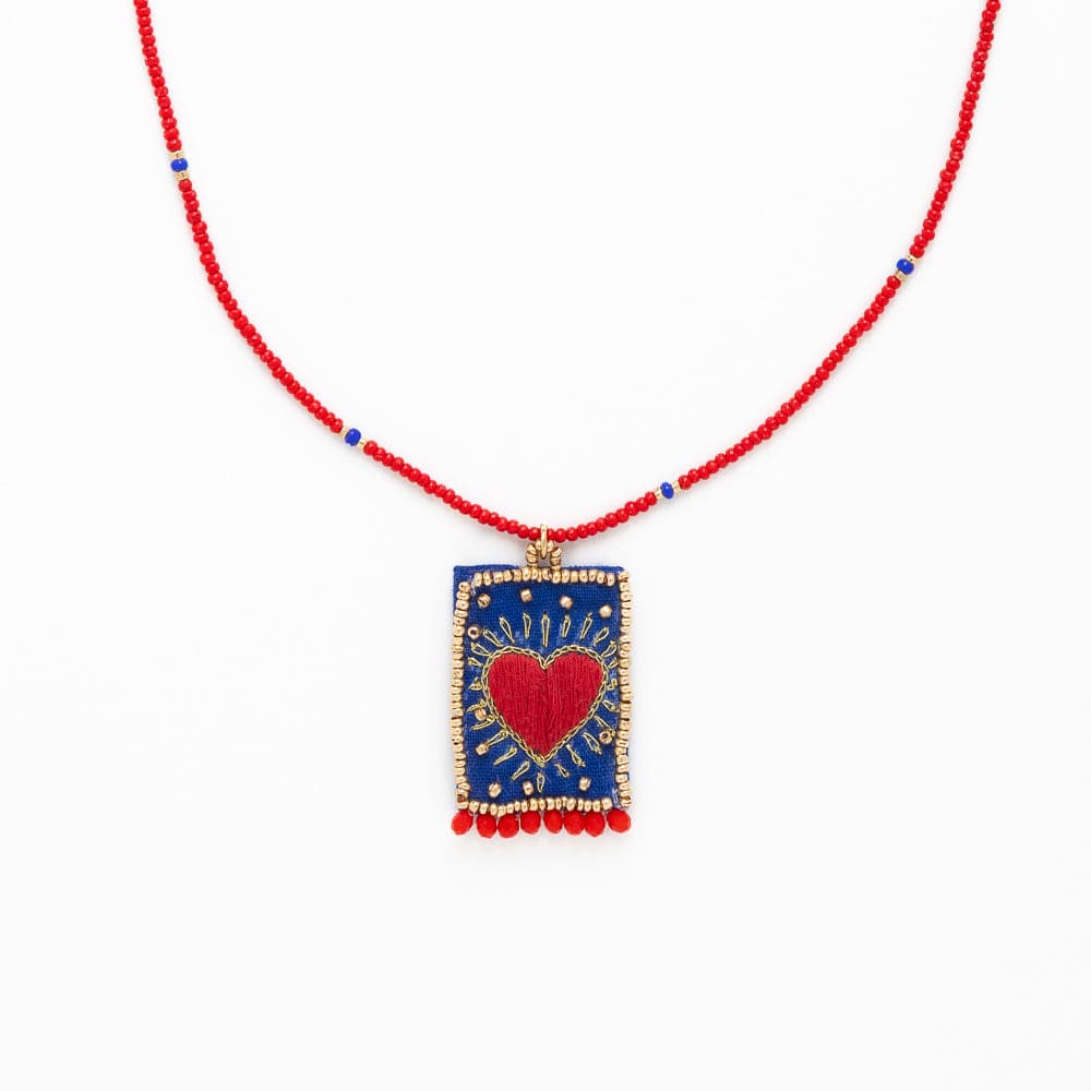 Robin Beaded Necklace w/ Embroidered Heart Red