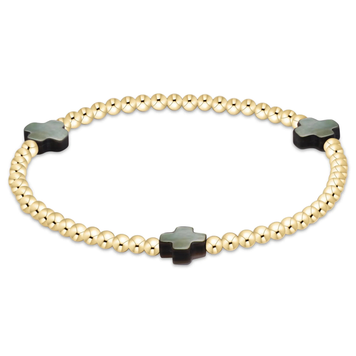 eNewton gold beaded stretch bracelet with three black mother of pearl cross charms