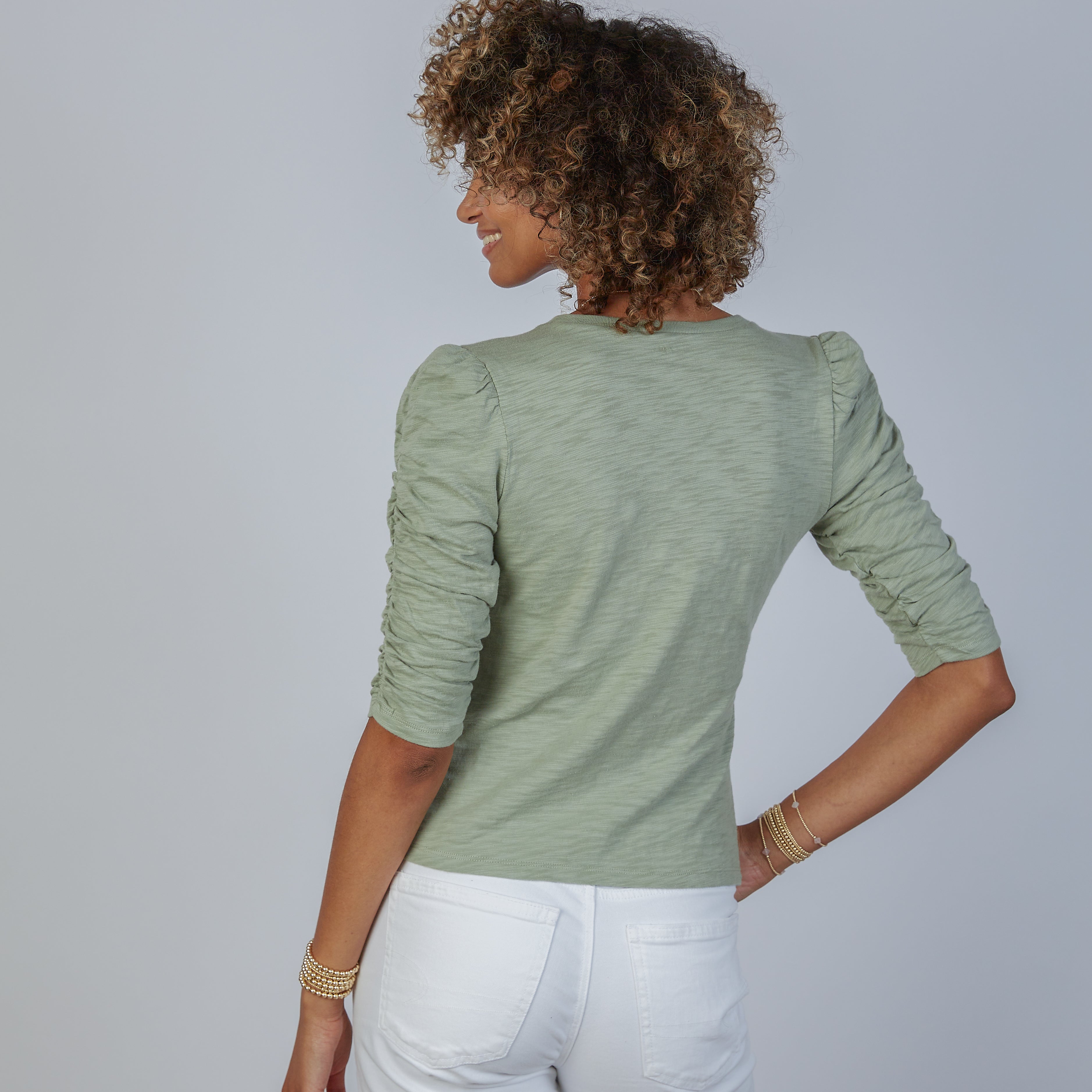 Sophie Ruched Elbow-Length Tee - Sage - Small