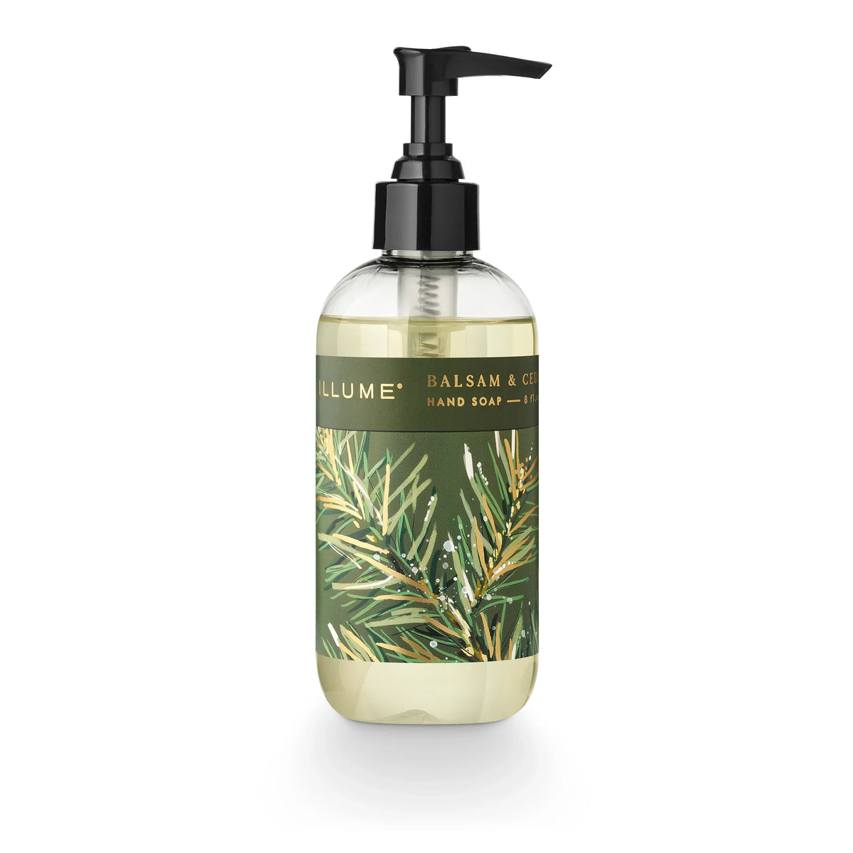 Illume Balsam & Cedar liquid hand soap in clear pump bottle with evergreen illustrated label