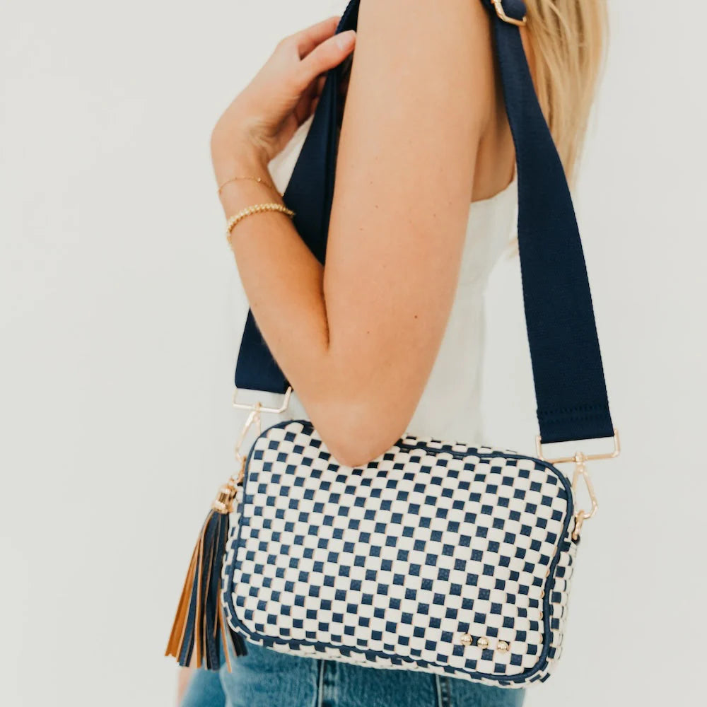 WOVEN WILLOW CAMERA CROSSBODY -CHECKERED NAVY