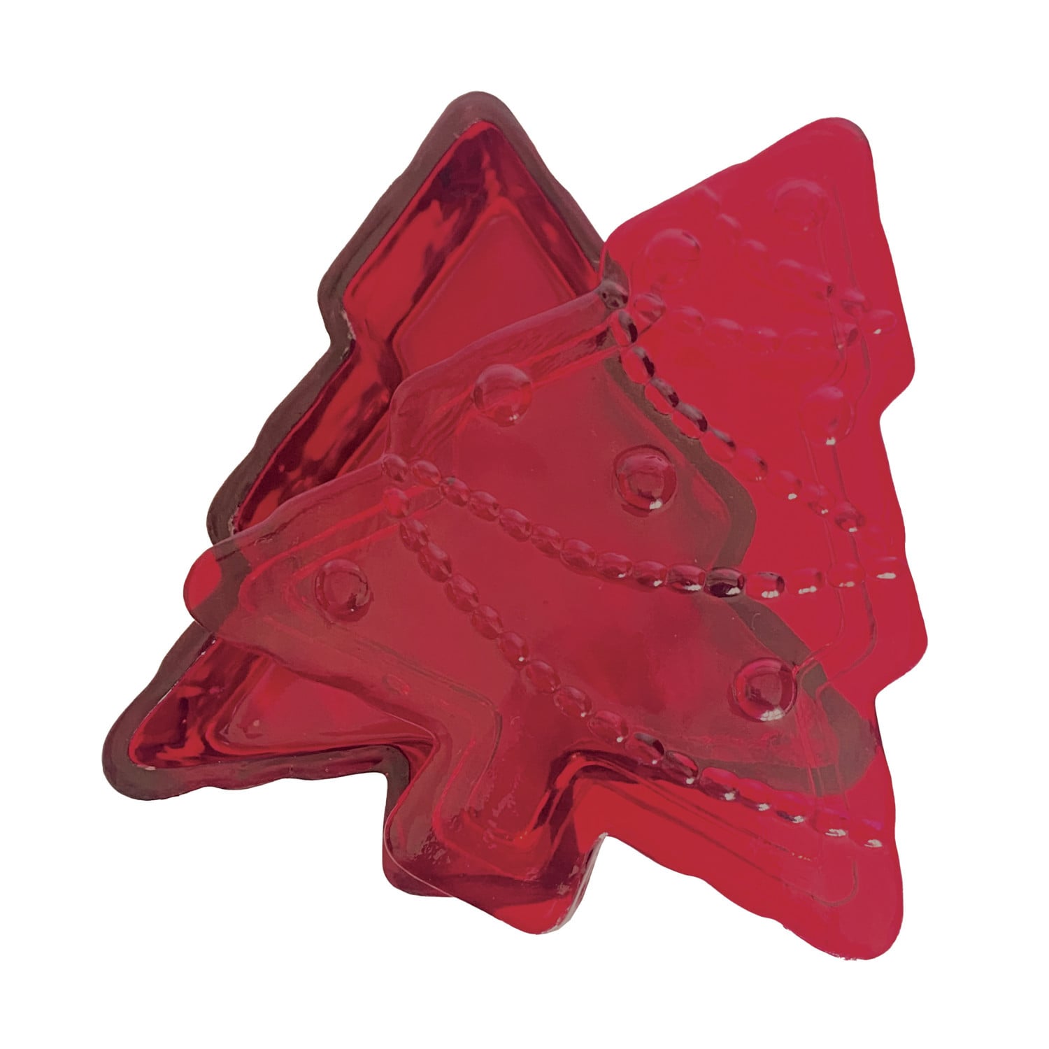 Red embossed glass Christmas tree shaped dish with decorative lid, shown open