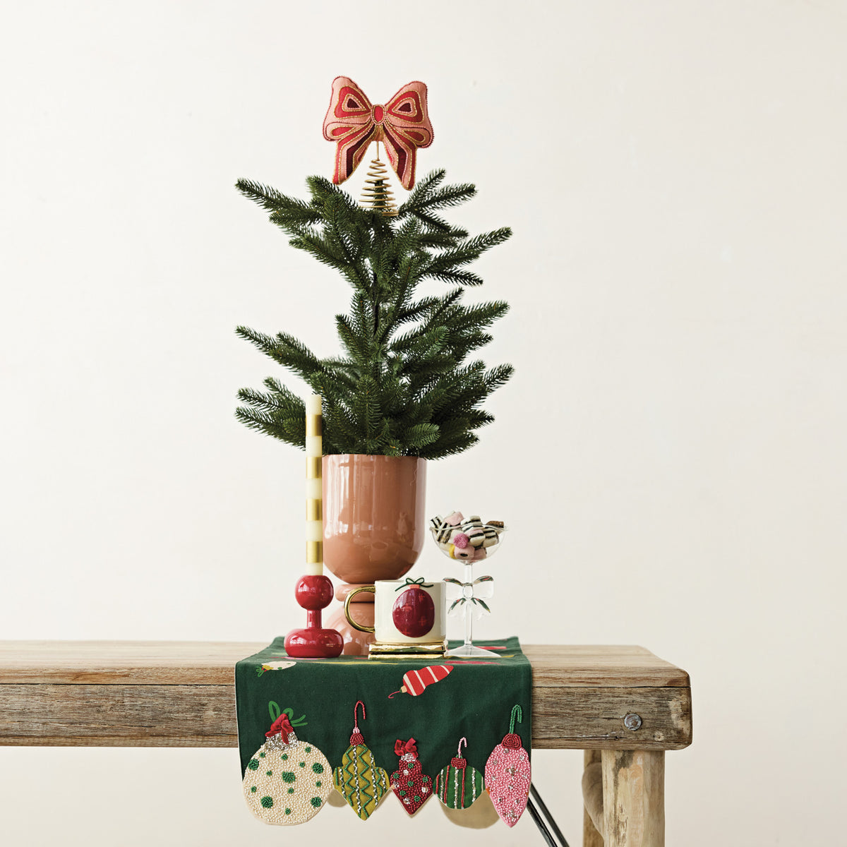 COTTON PRINTED TABLE RUNNER W/ORNAMENTS/BEADS/EMBROIDERY