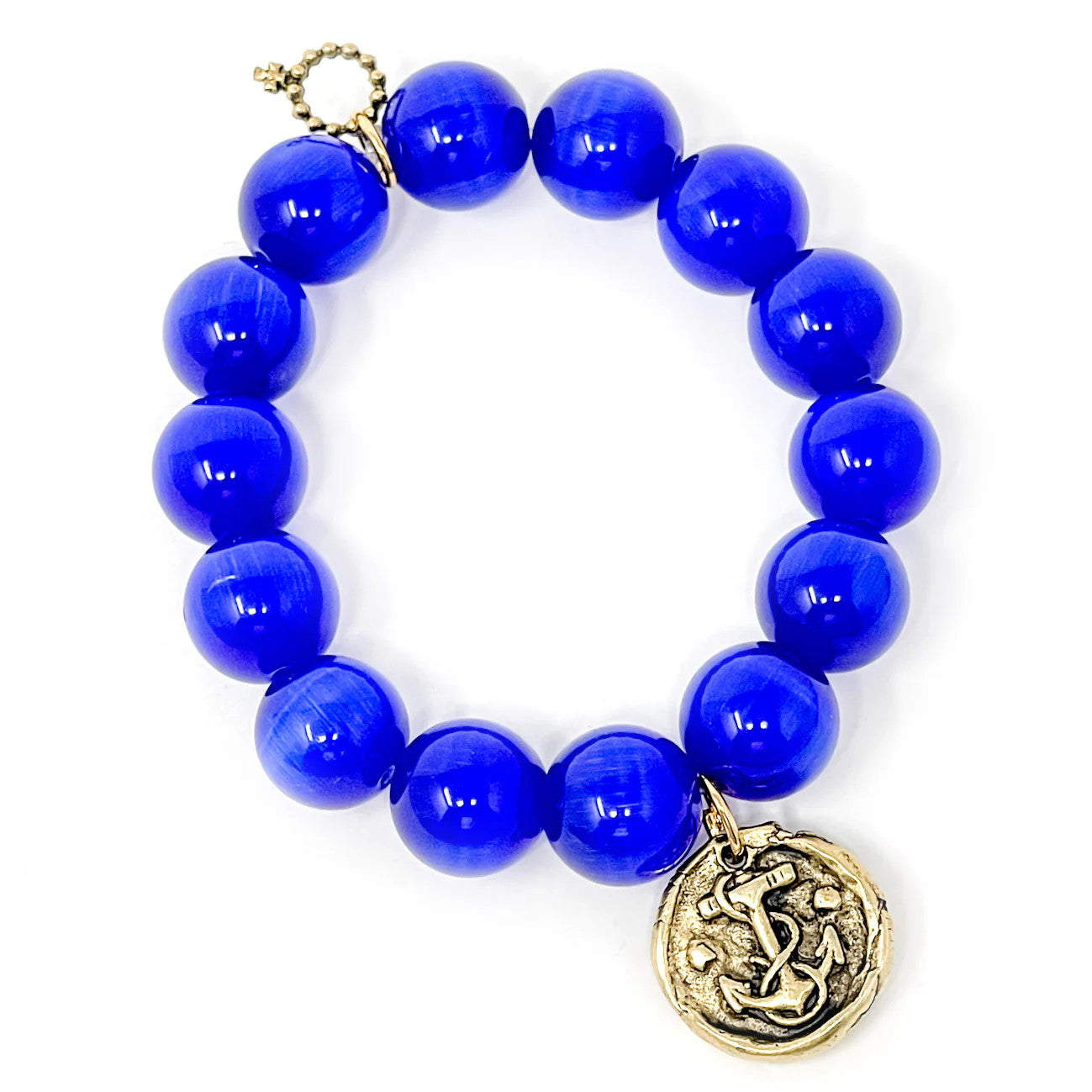 14mm Electric Blue Calcite Bracelet w/Gold Anchor Disc