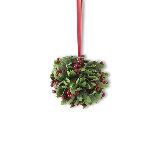 8.5 INCH HOLLY BALL W/RED RIBBON HANGER