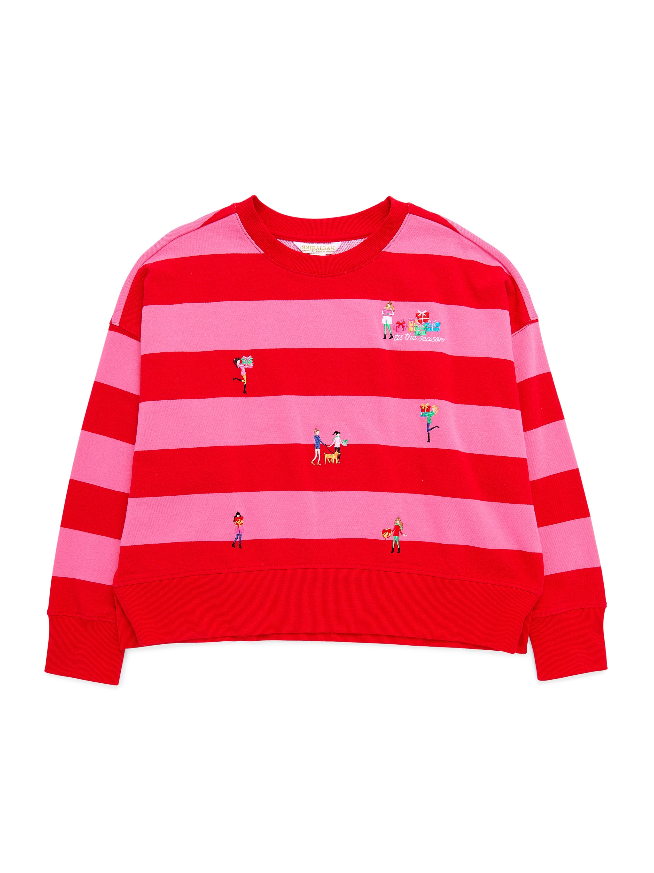 Red and pink striped relaxed sweatshirt with festive holiday embroidery figures on front