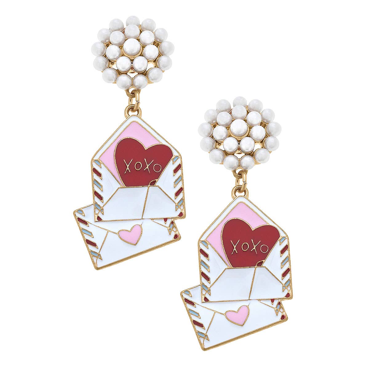 XOXO ENAMEL LOVE NOTE EARRINGS PINK & RED