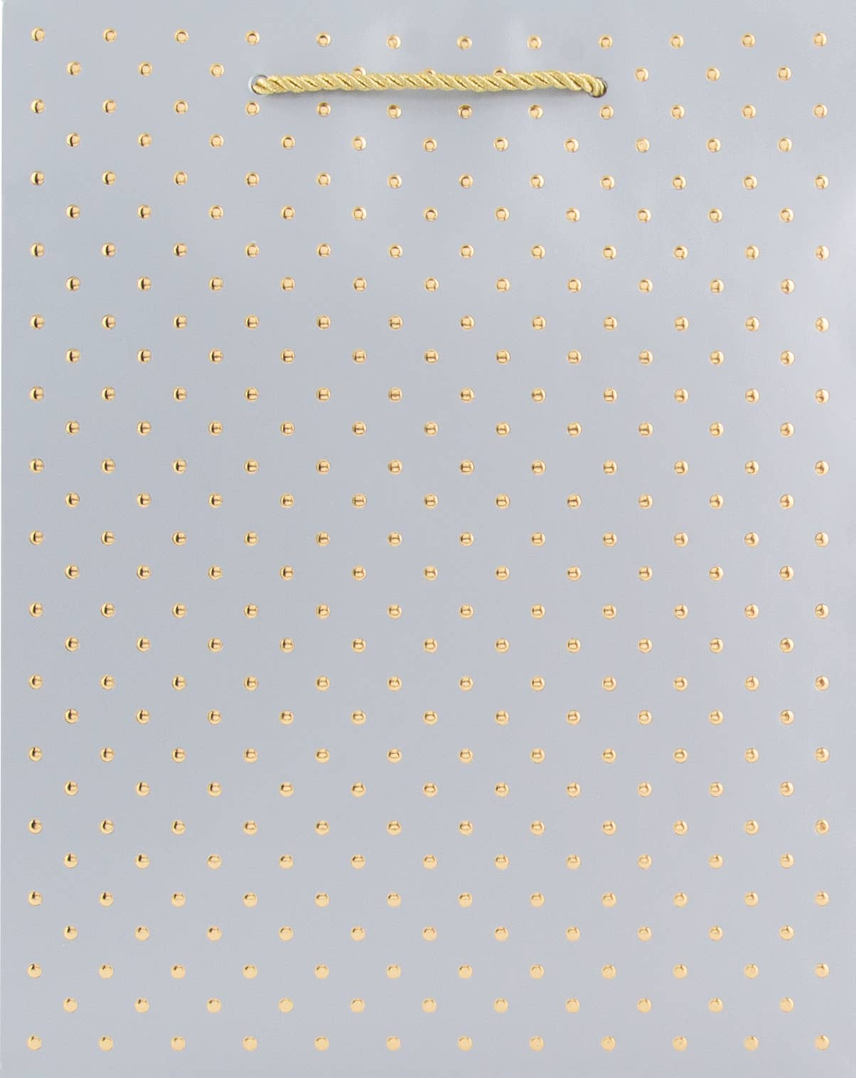 Medium silver tote bag with gold foil Swiss dot pattern and gold rope handle