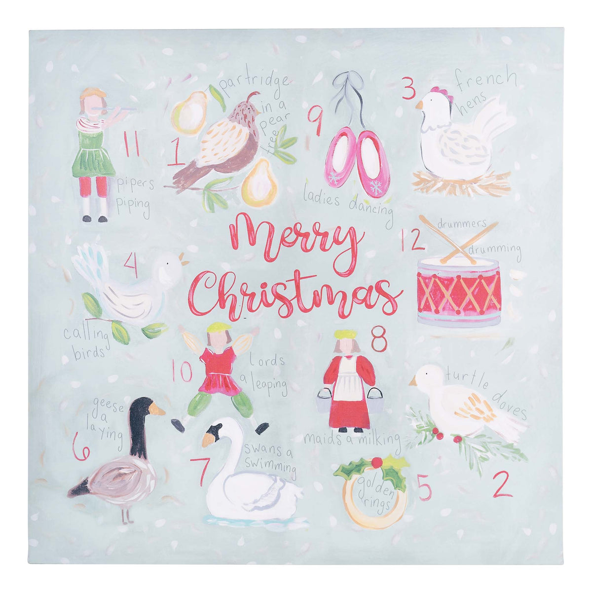 12 Days of Christmas canvas art featuring illustrated holiday icons on light blue background