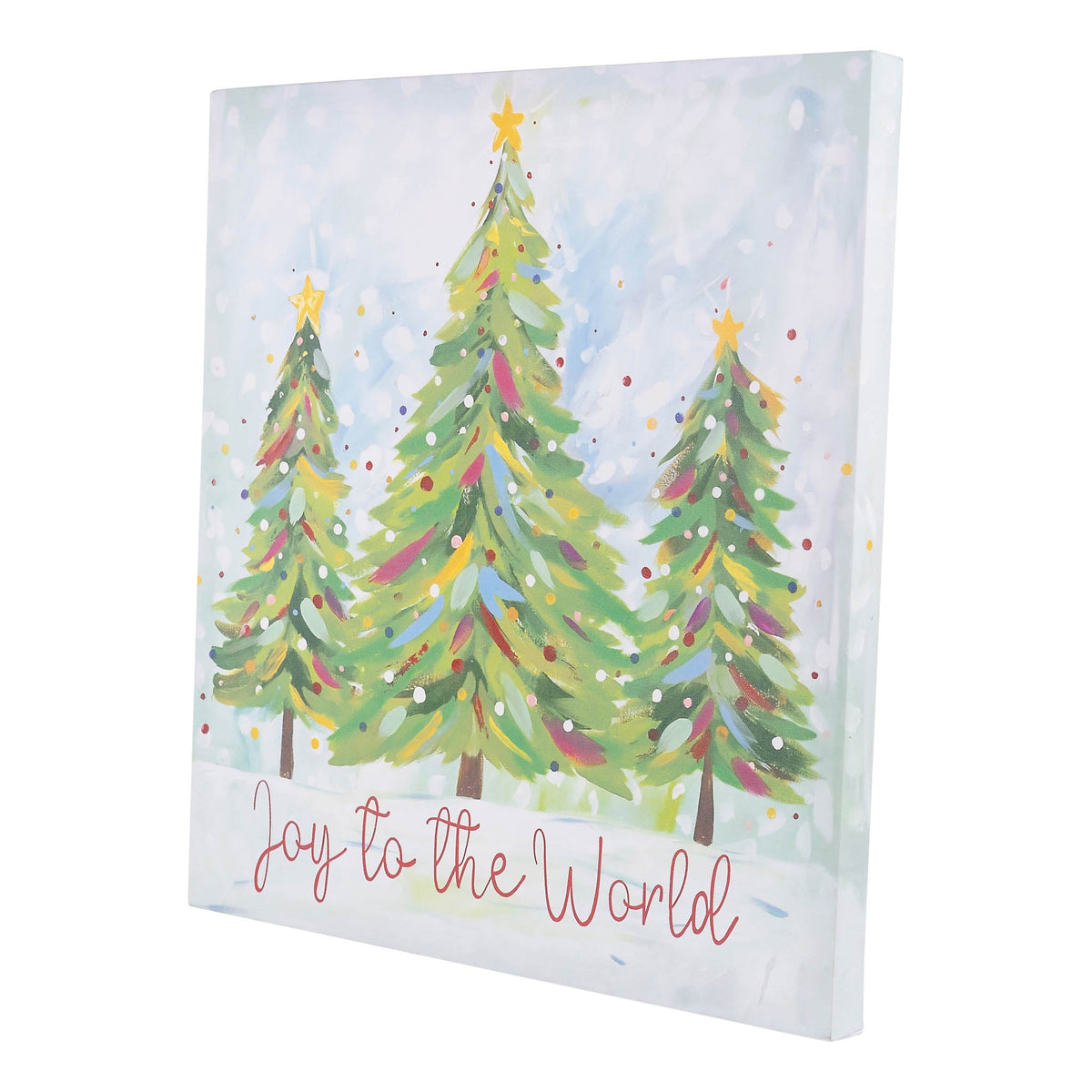 Joy to the World canvas art featuring three decorated Christmas trees on snowy background