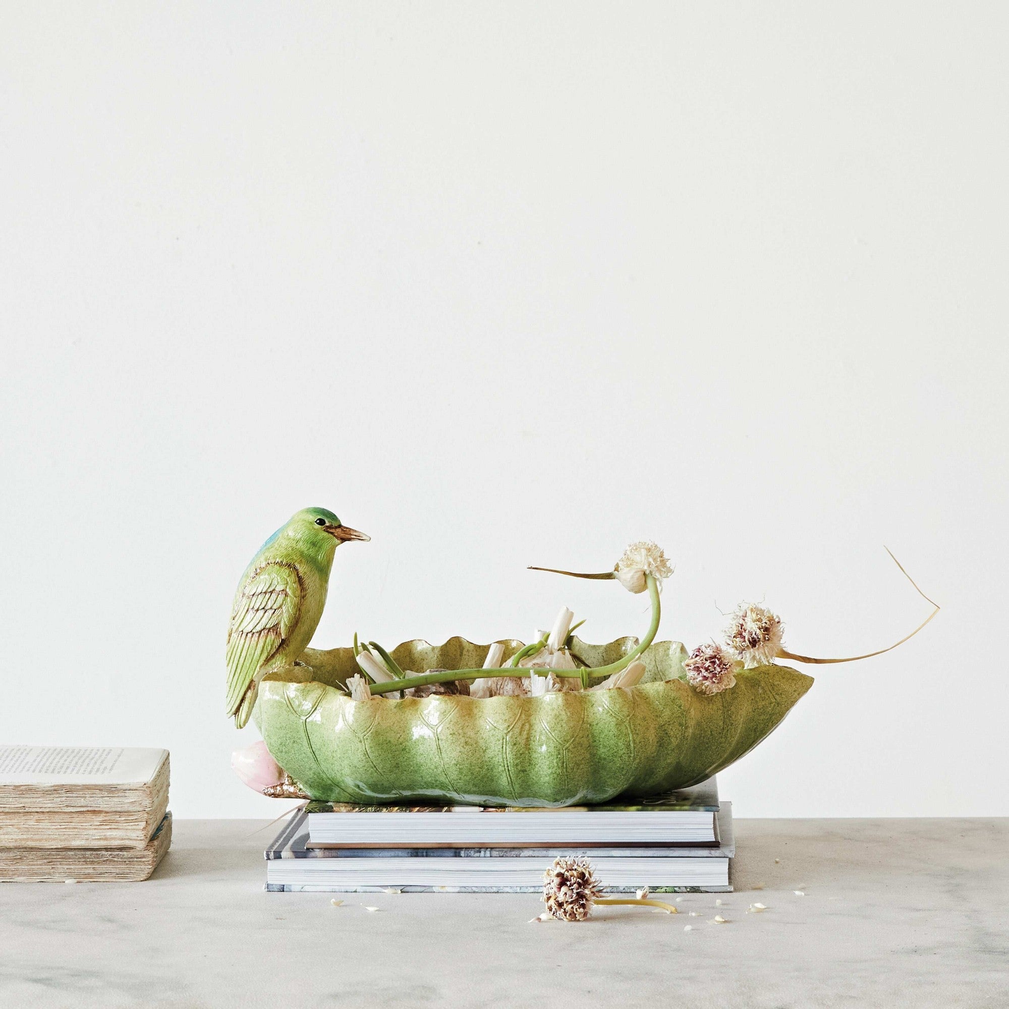 POLYRESIN DISH W/HERON ON LEAF