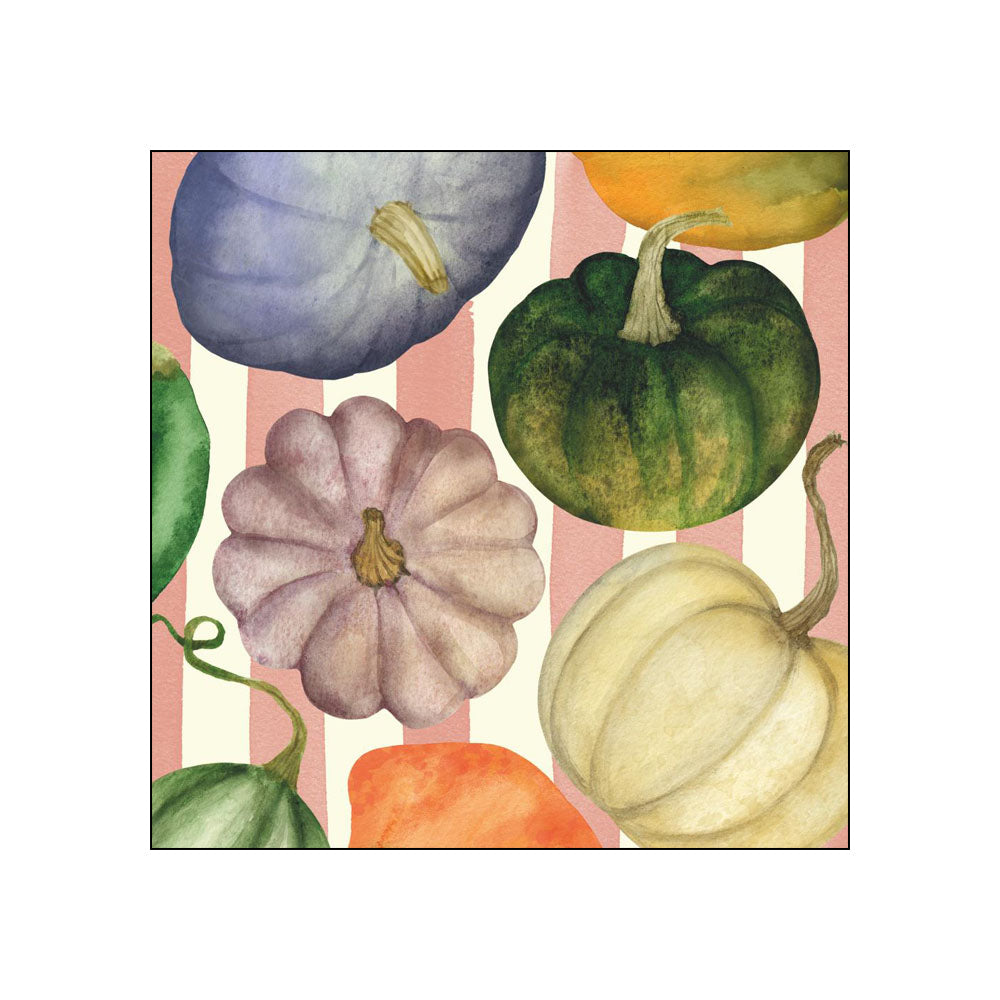 Watercolor cocktail napkin featuring colorful pumpkins and gourds on pink and white stripes