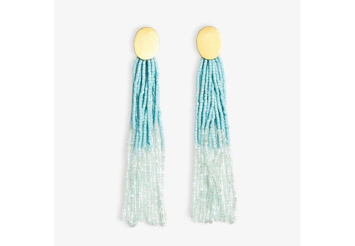Mae Oval Brass Post Two-Color Beaded Tassel Earrings Light Blue