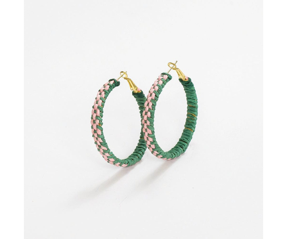 Holly Two -Color Woven Raffia Hoops Kelly Green/Pink