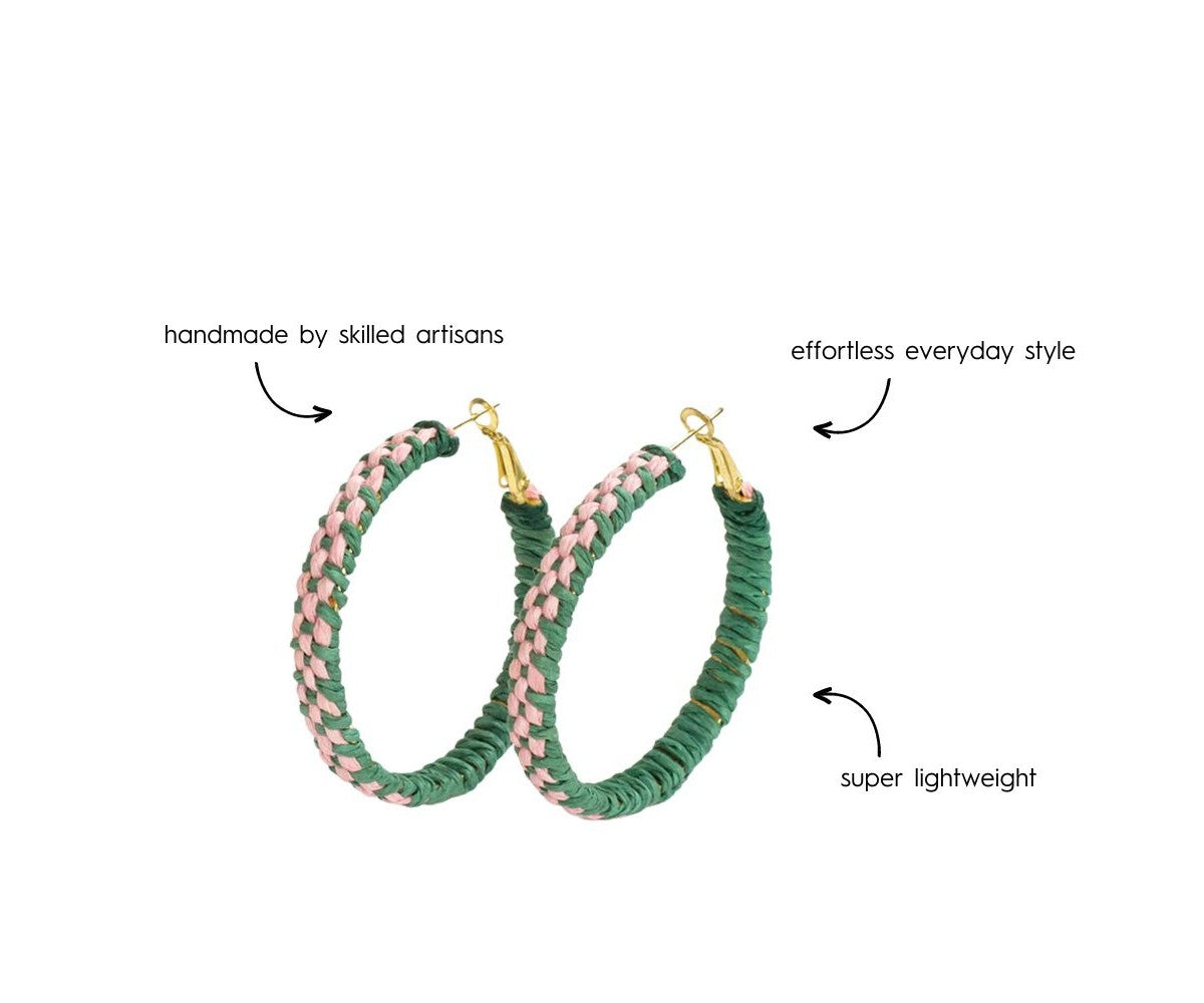 Holly Two -Color Woven Raffia Hoops Kelly Green/Pink