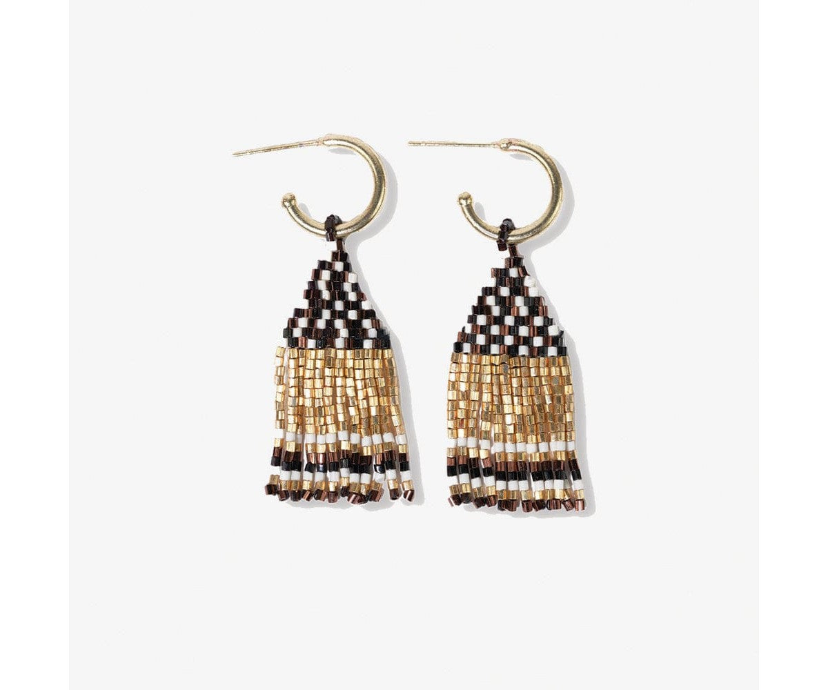 Leta Mini Gold Hoop Confetti Top & Stripe Short Fringe Earrings Black/White