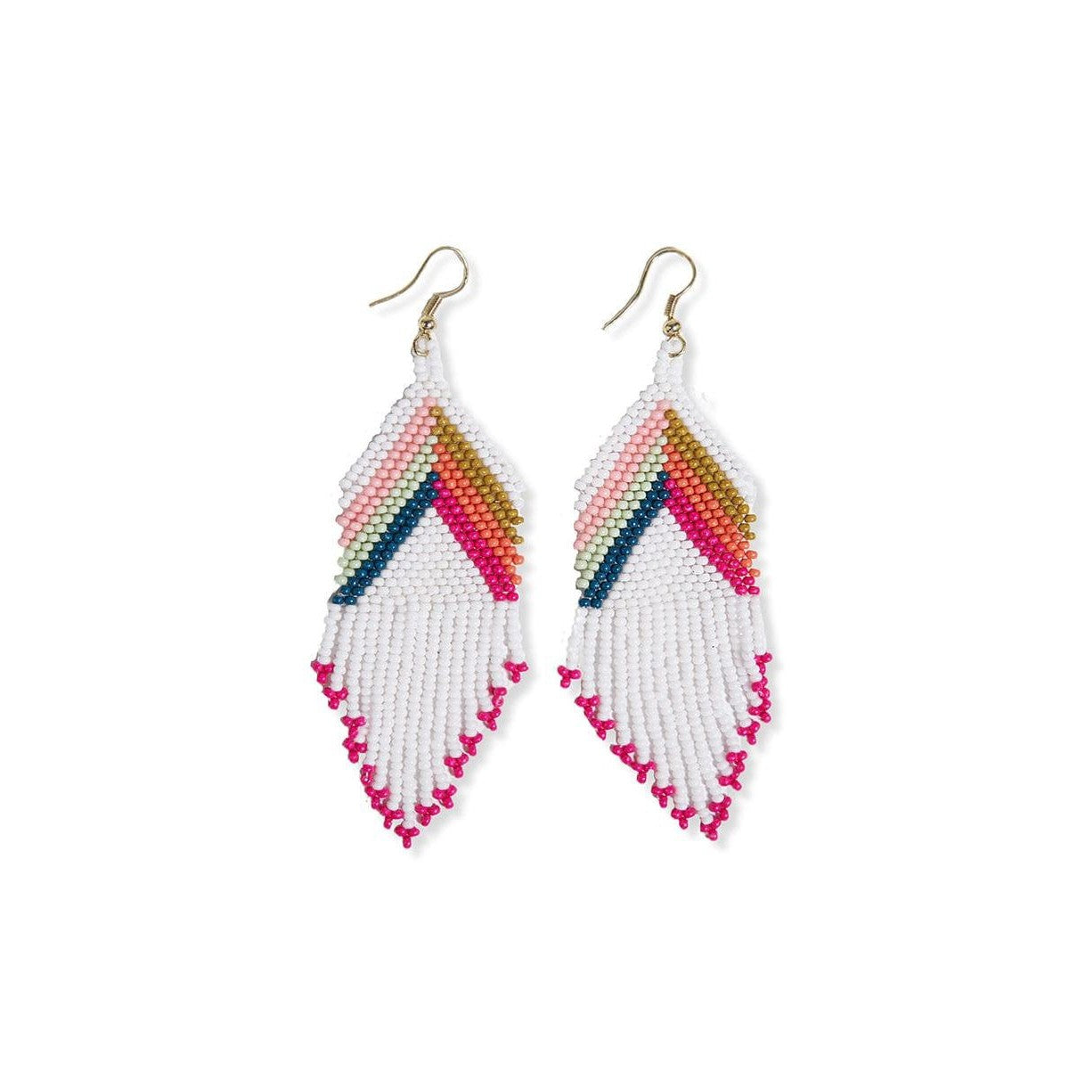 Elise Angle w/Stripes Beaded Fringe Earrings White Rainbow