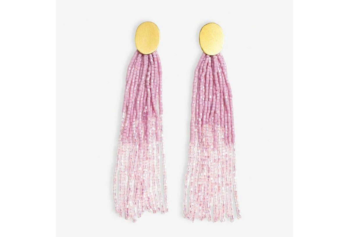 Mae Oval Brass Post Two-Color Beaded Tassel Earrings Light Lavender