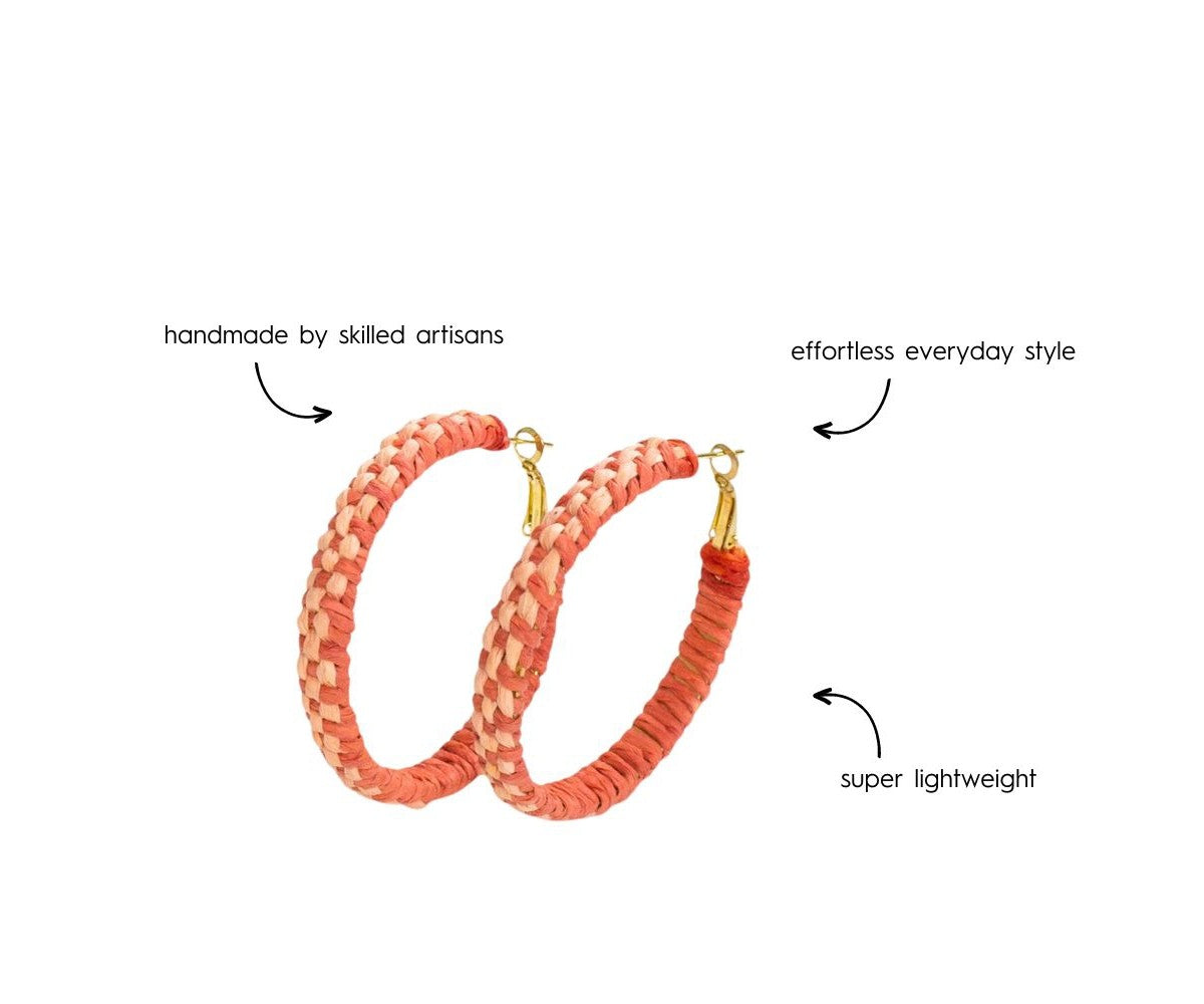 Holly Two-Color Woven Raffia Hoops Coral/Peach