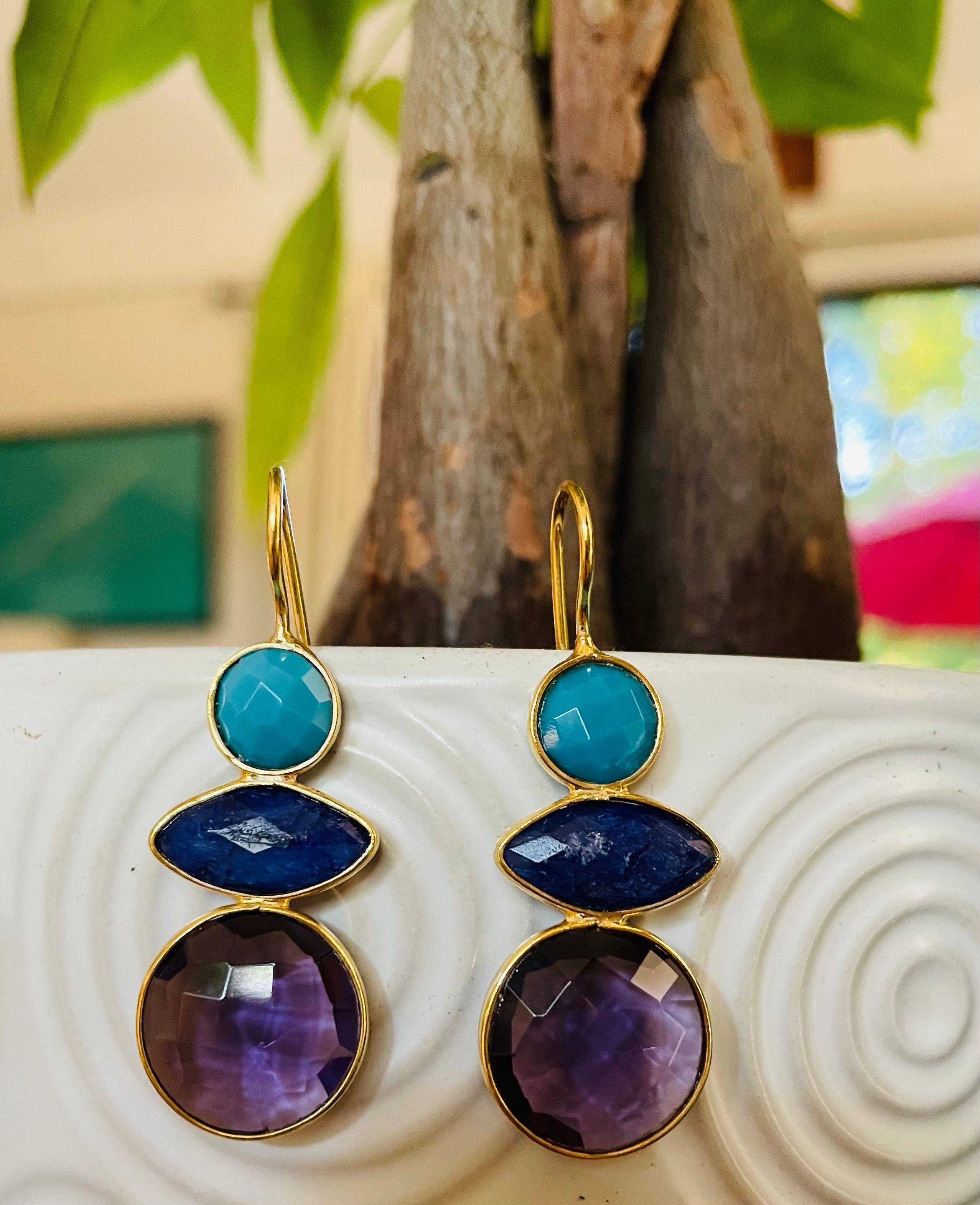 Turquoise, Sapphire & Amethyst Multicolor Gem Earrings