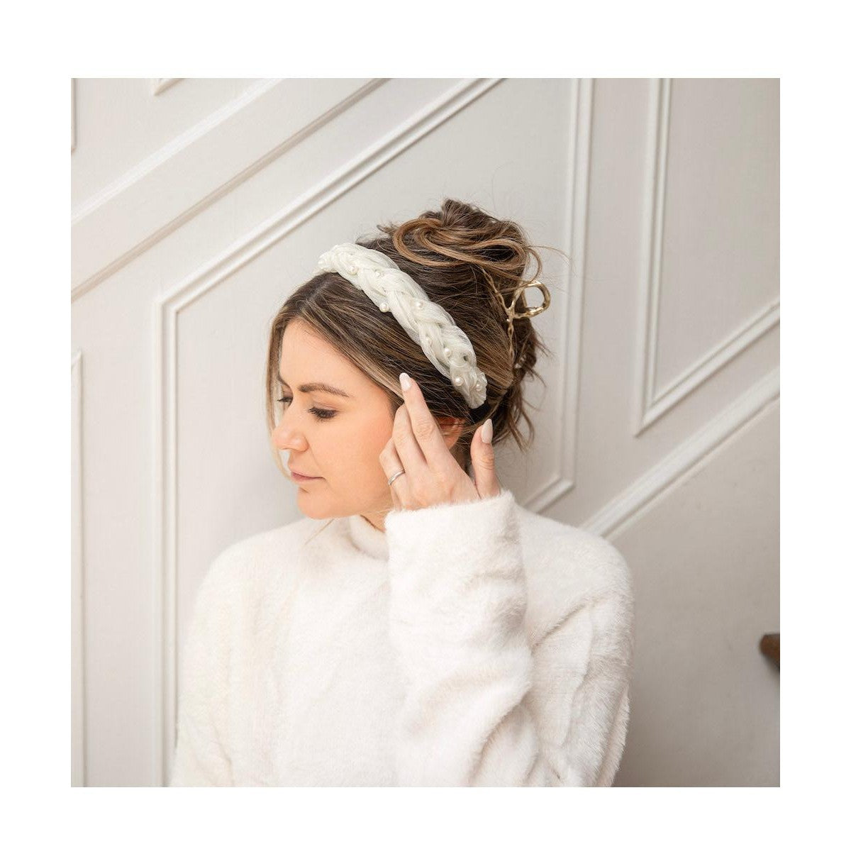 BLUSHING BRAID HEADBAND-SHIMMERY WHITE PEARL