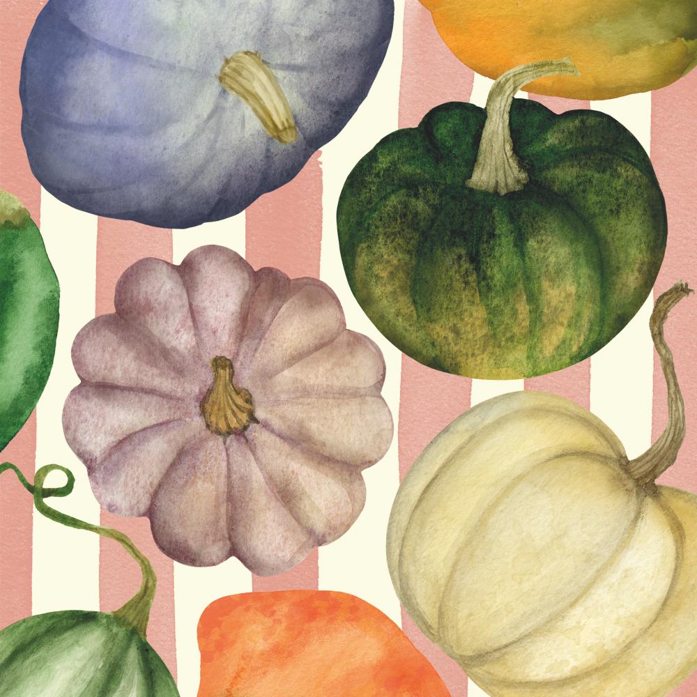 Watercolor-style luncheon napkin featuring colorful pumpkins and gourds on pink and white stripes