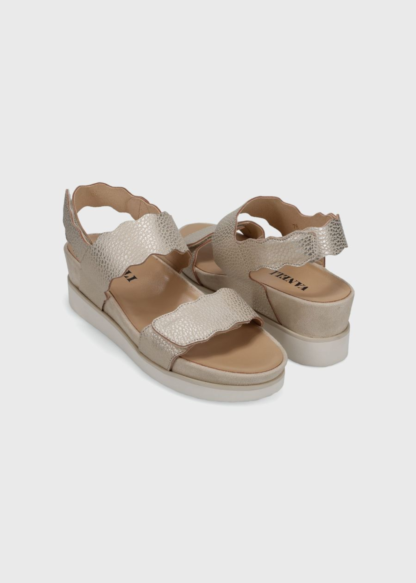 Vaneli Ulani sandals in platinum metallic with scalloped straps and white platform sole