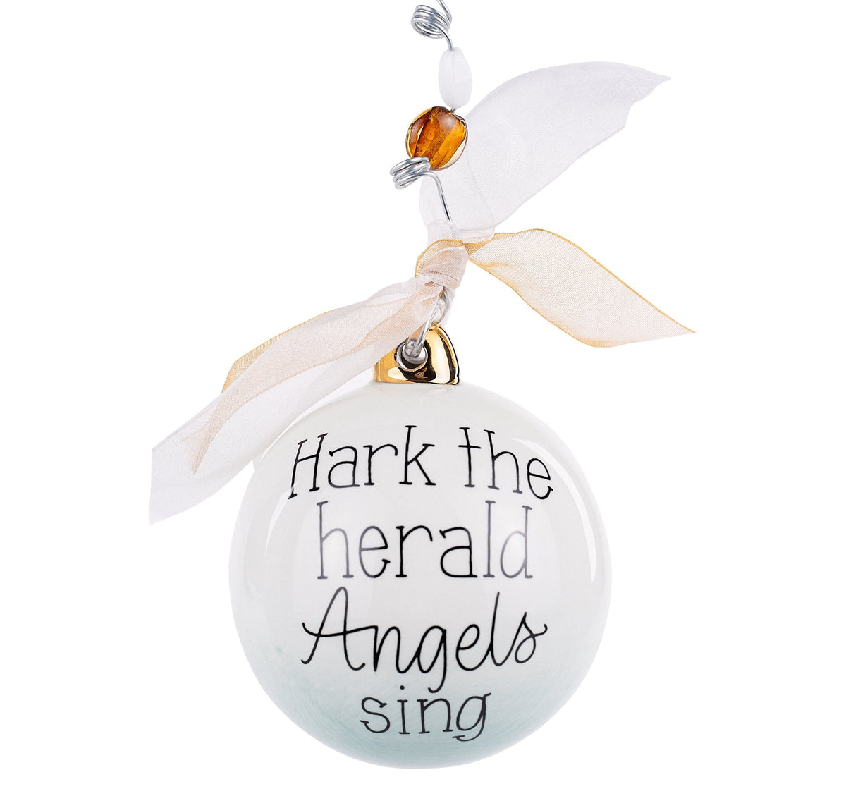White ceramic puff ornament reading Hark the Herald Angels Sing with ribbon bow
