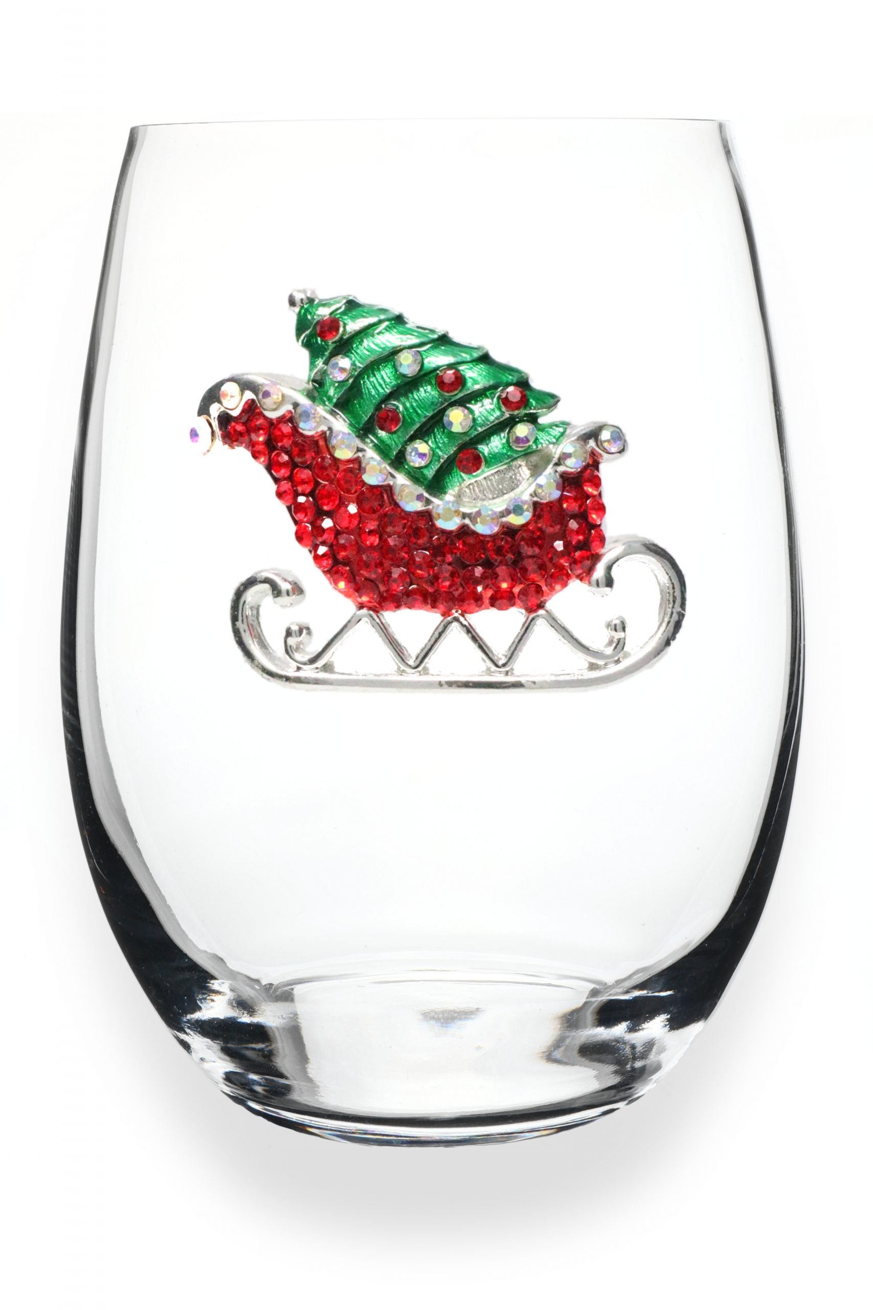 Red Christmas Sleigh Stemless Wine Glass