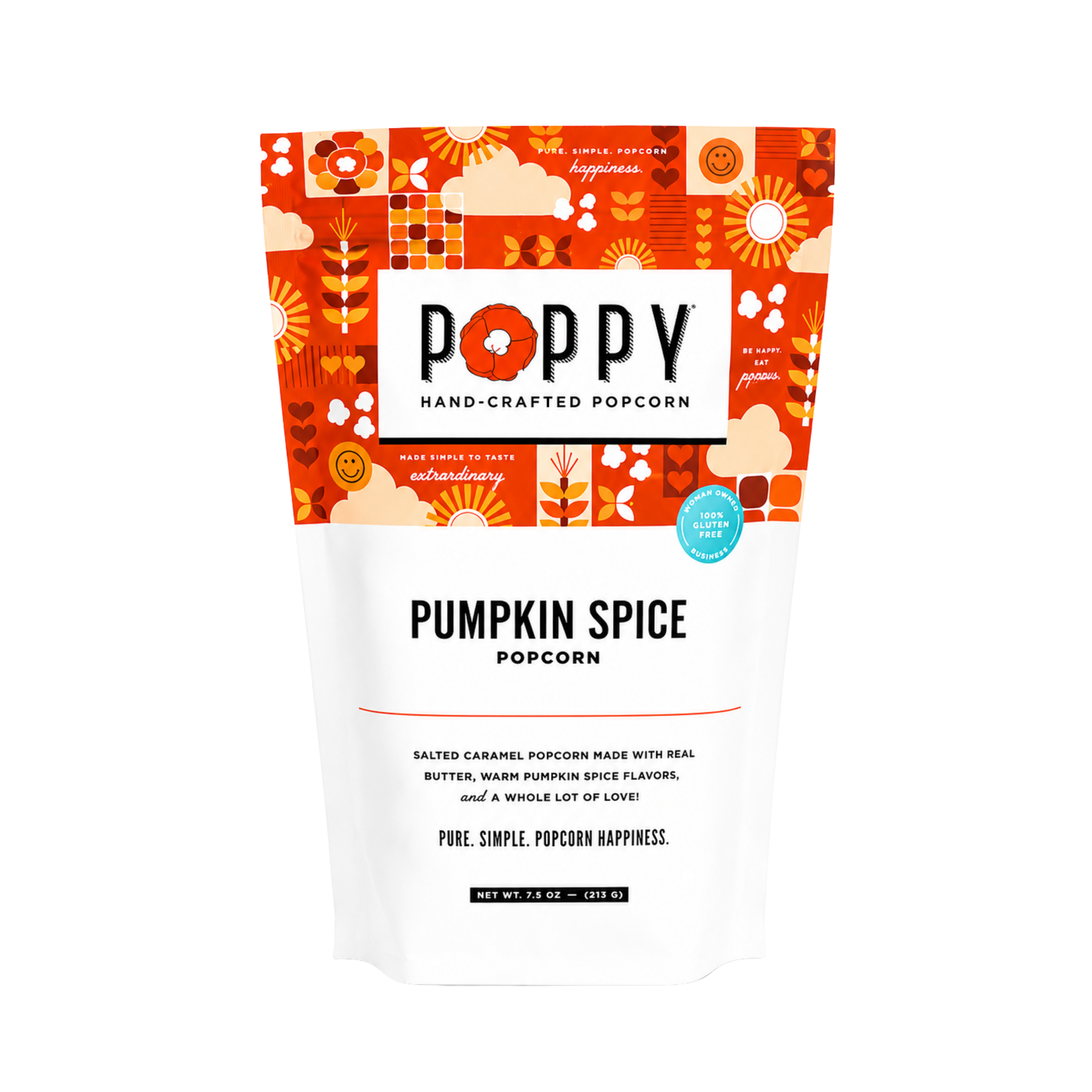 Poppy Hand-Crafted Popcorn Pumpkin Spice flavored popcorn in a 7.5oz market bag
