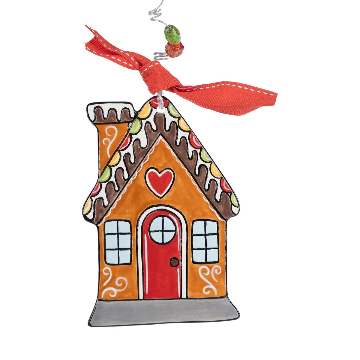 Glory Haus gingerbread house flat ornament with red ribbon and decorative beads hanger