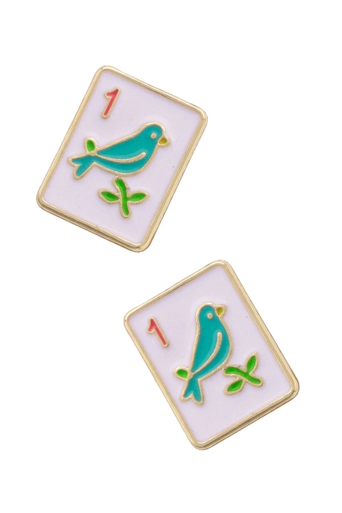 Pair of white enamel mahjong tile stud earrings featuring teal sparrow bird design with number one