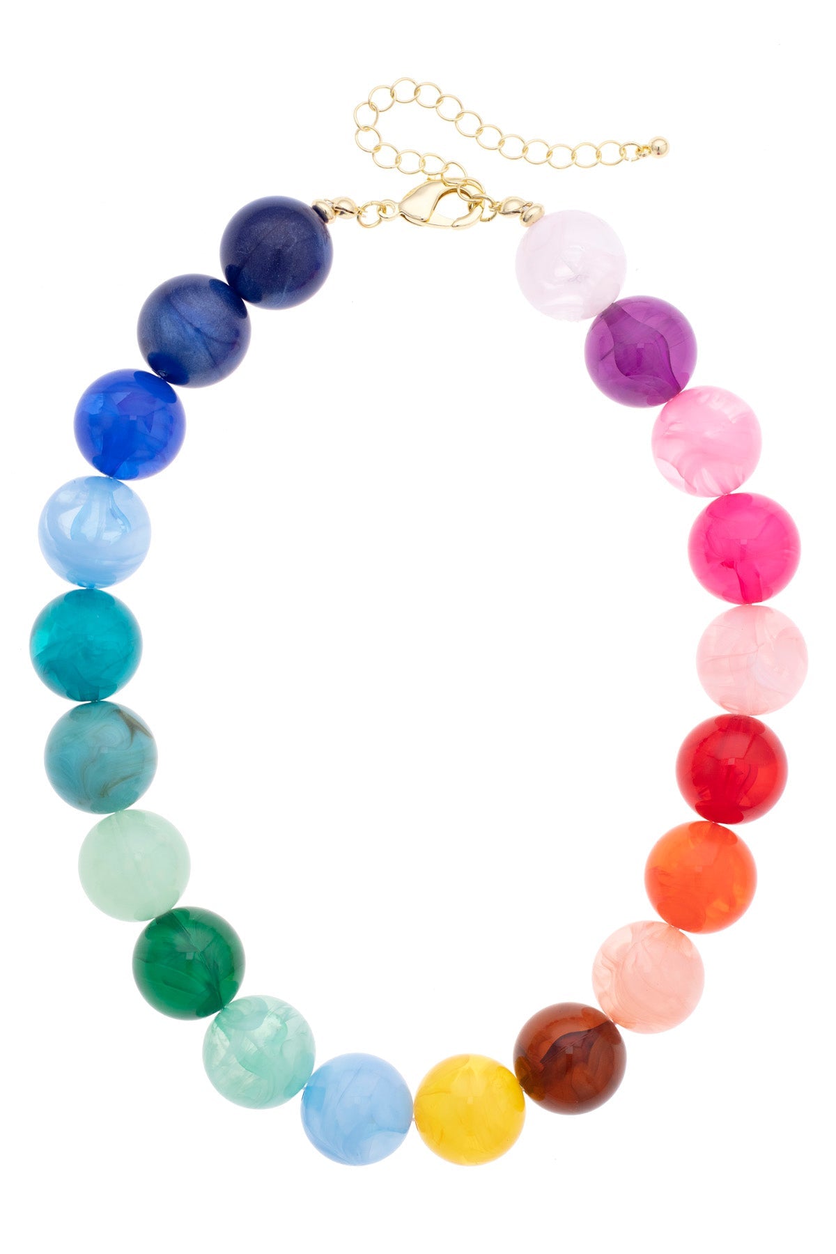 Canvas Style Mickey Gumball beaded necklace featuring large round colorful beads in rainbow multicolor with gold clasp