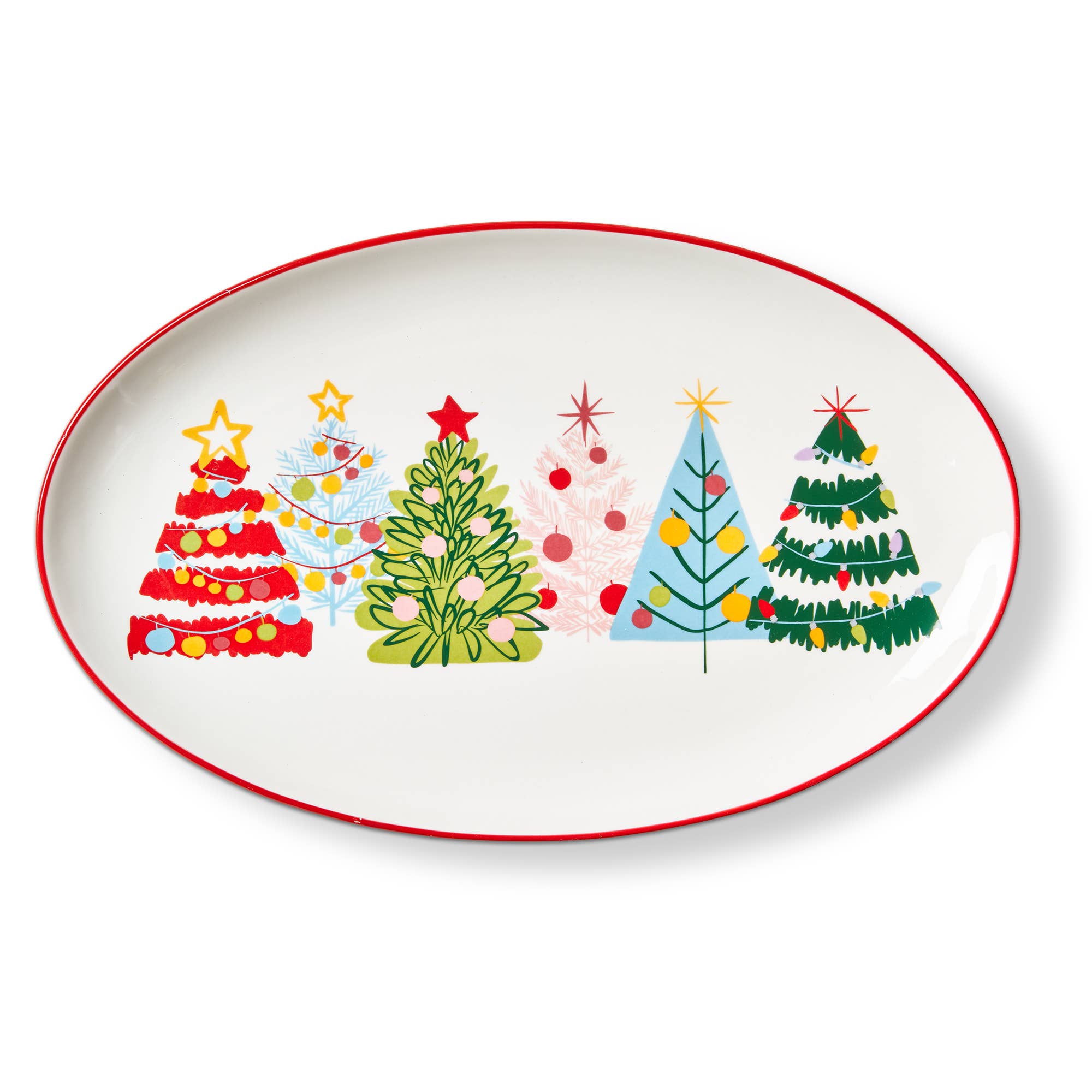 Oval ceramic platter with colorful Christmas trees design and red rim border