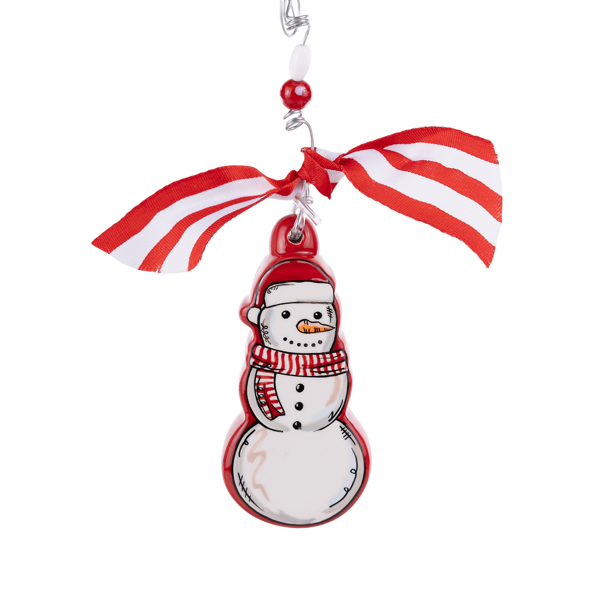 Glory Haus ceramic snowman puff ornament with red and white striped ribbon bow