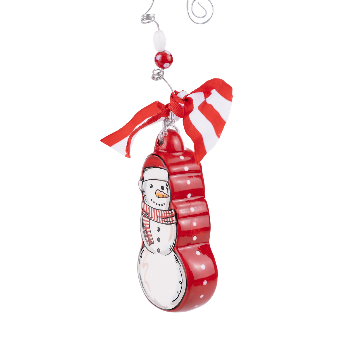 Glory Haus snowman puff ornament in red and white with decorative ribbon and wire hanger