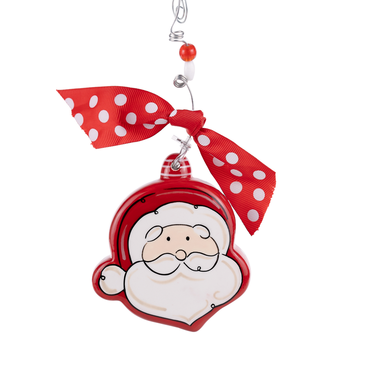 Glory Haus Santa shaped puff ornament with red polka dot bow and beaded hanger