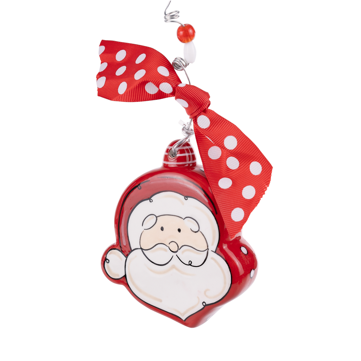 Glory Haus Santa shaped puff ornament in red with polka dot ribbon and beaded hanger