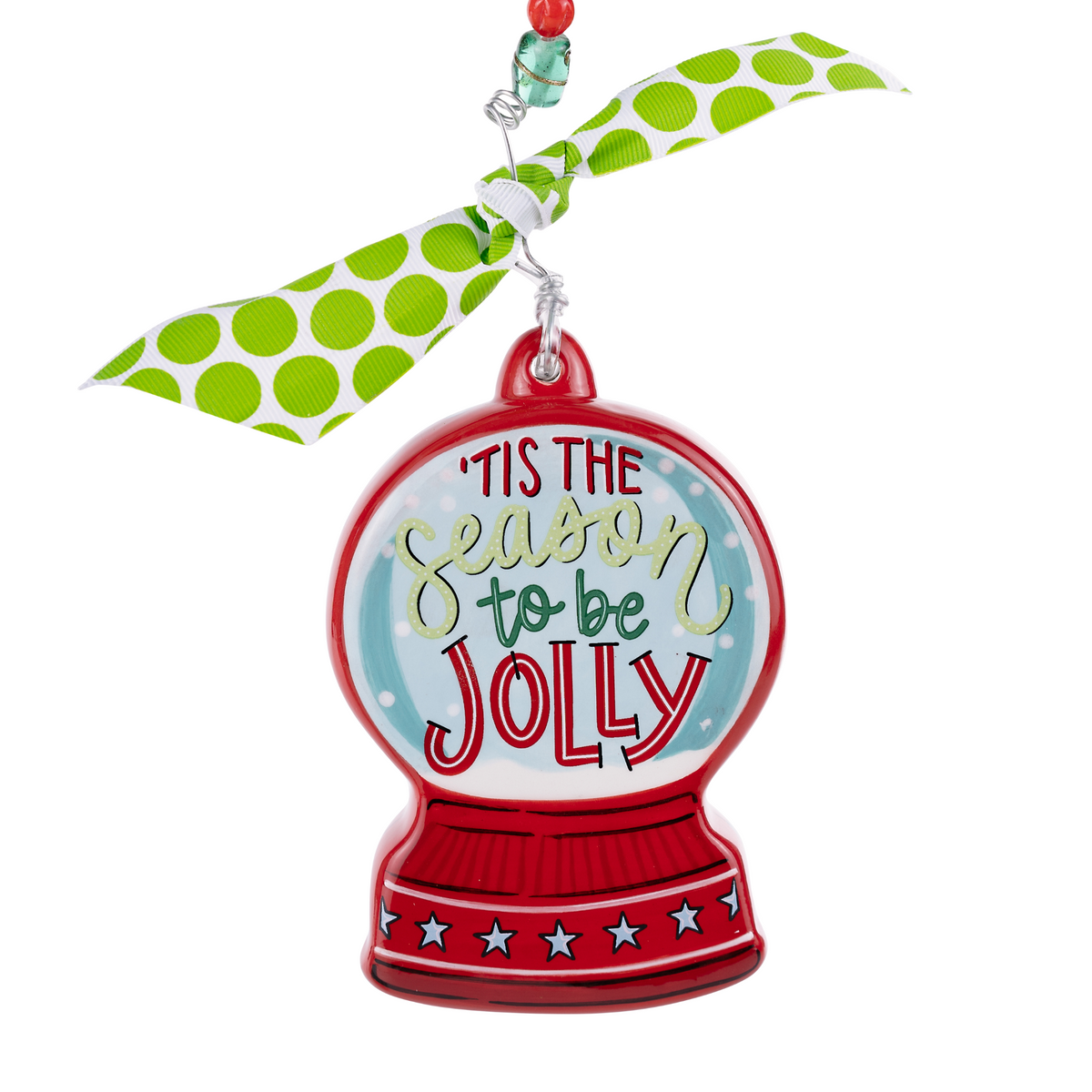 Glory Haus snow globe ornament reading Tis the Season to Be Jolly with polka dot ribbon