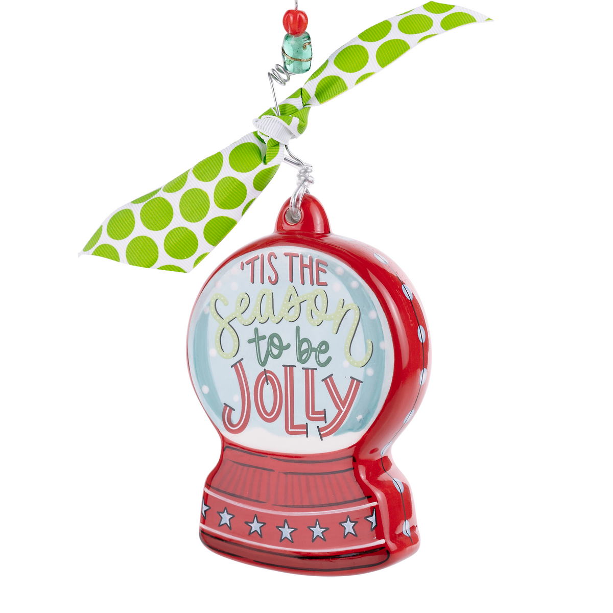 Glory Haus red snow globe Christmas ornament reading Tis the Season to be Jolly with green polka dot ribbon