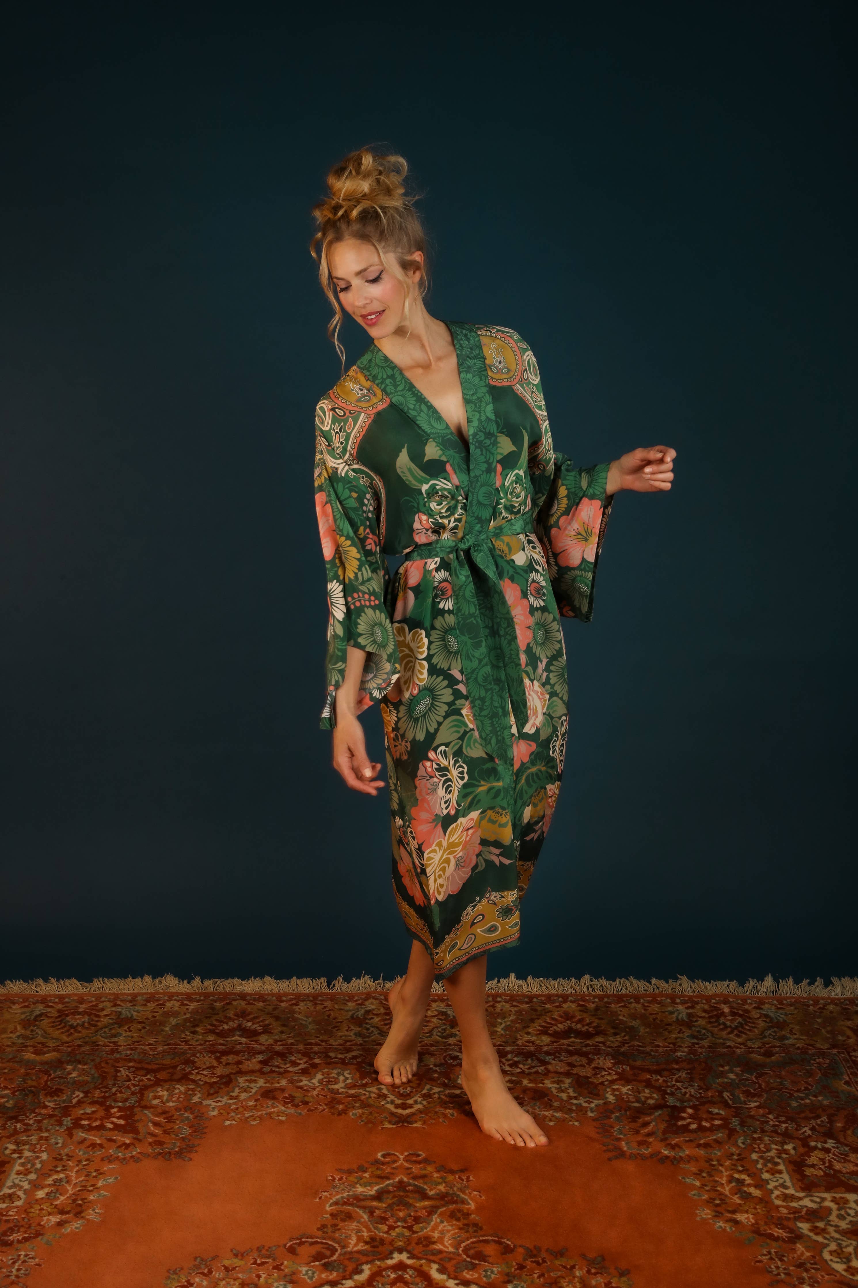 Folk Art Floral Kimono Gown - Fern