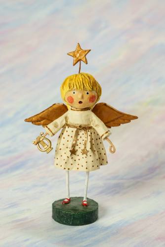 Lori Mitchell angel figurine with blonde hair, wings, gold star halo, and lyre accessory