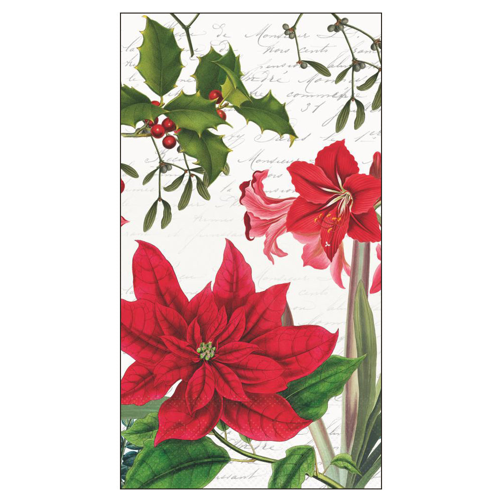 Christmas guest towel featuring poinsettia, amaryllis, holly, and mistletoe on white background