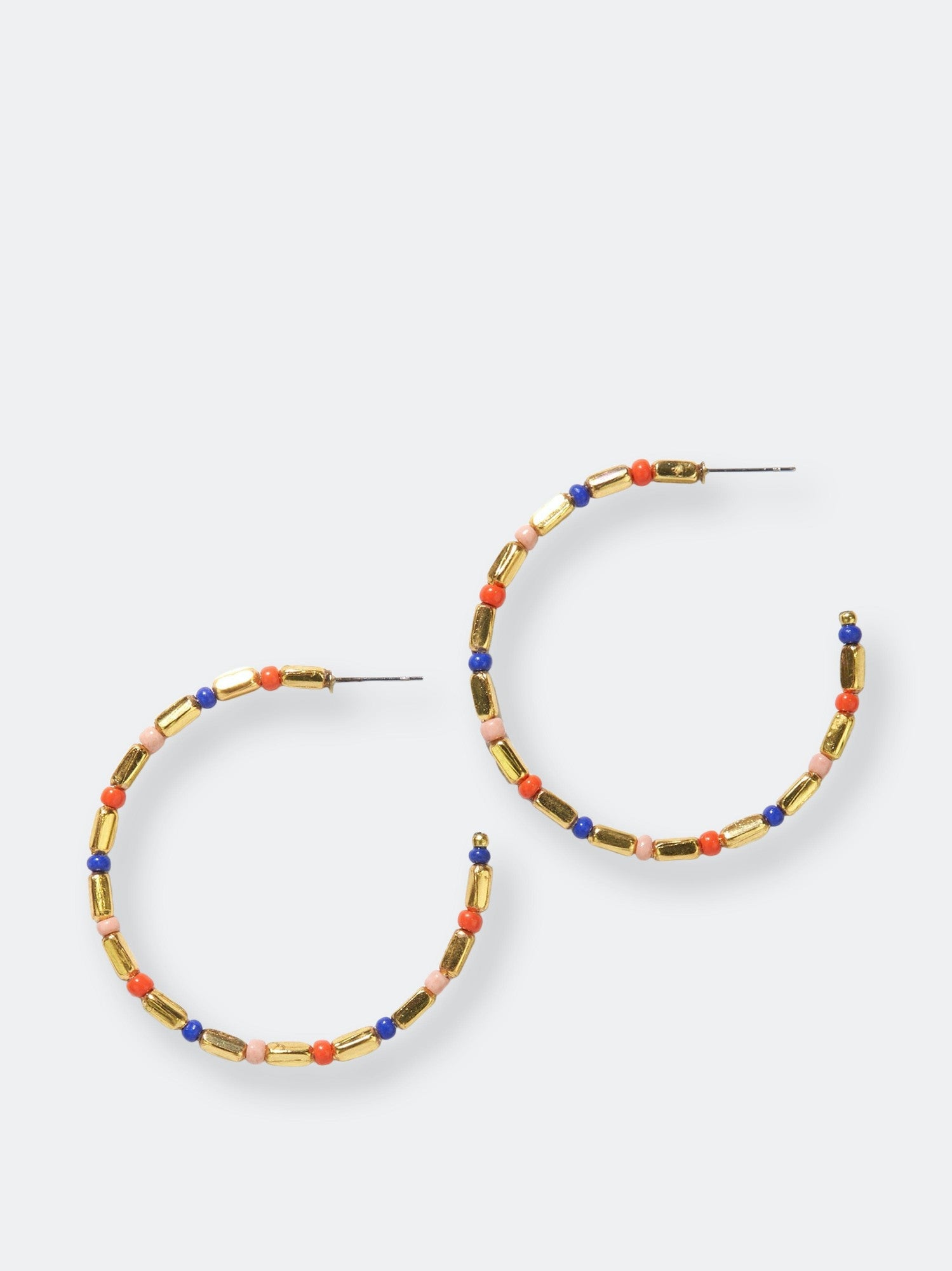 Brass and Lapis Bead Hoop Post Earrings 2"